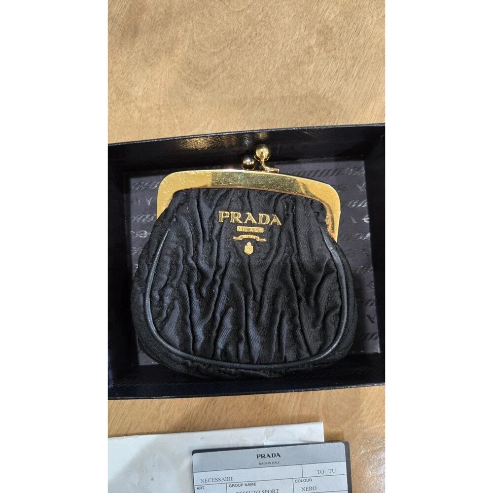 Prada Vintage Black Gaufre Nylon Kiss-Lock Coin Pouch Full Set - Box &...